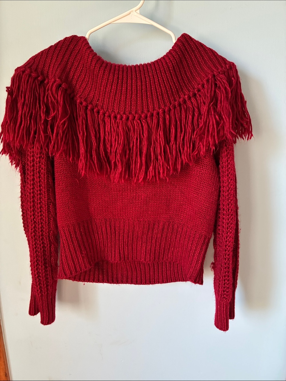 Women's Red Fringe Crewneck Sweater